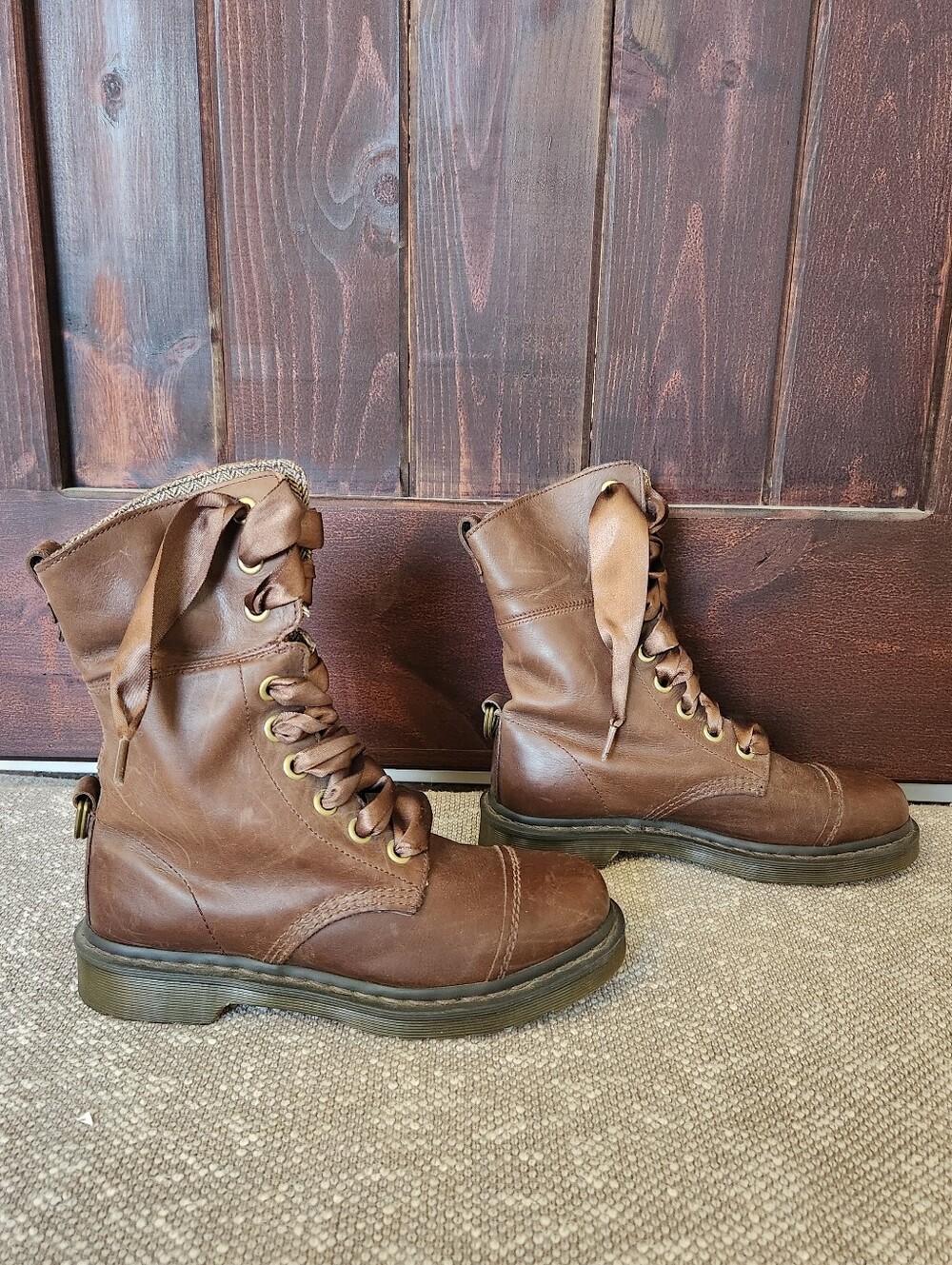 Dr Martens Aimilita W Sz 8 Brown Leather Fold Down Herringbone Tweed Lined Boots - Picture 3 of 7
